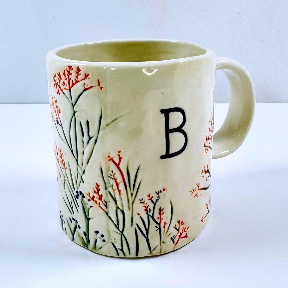 Anthropologie Dagny Initial "B" Botanical Floral Coffee Mug Cream Stoneware BOHO